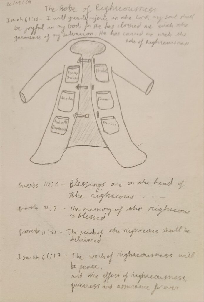 robe of righteousness with pockets of favor, wisdom, psalm 91 protection, healing